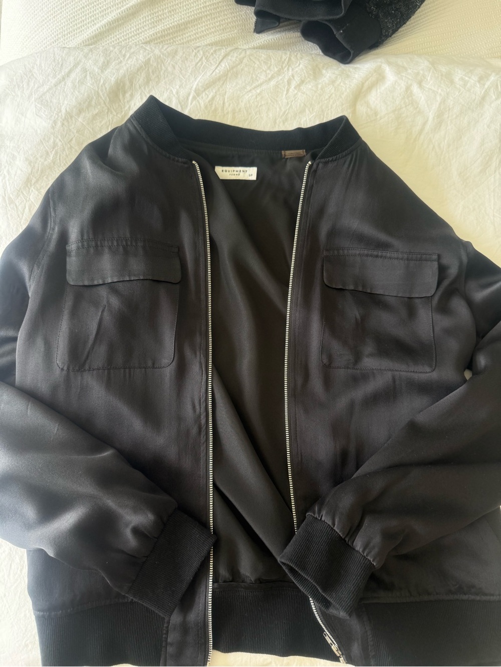 Equipment Black Satin Bomber Jacket with Chest Flap Pockets